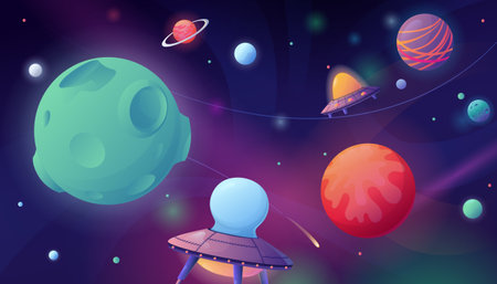Space cartoon style composition with neon glowing outer space scenery and colorful planets with flying ufo vector illustrationのイラスト素材