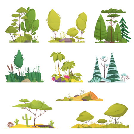 Ecosystem types cartoon icons set with different trees and flora systems isolated vector illustrationのイラスト素材
