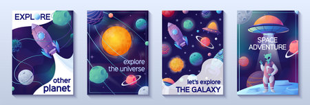 Space cartoon banners set of four vertical posters with text exploring universe and space adventure images vector illustrationのイラスト素材