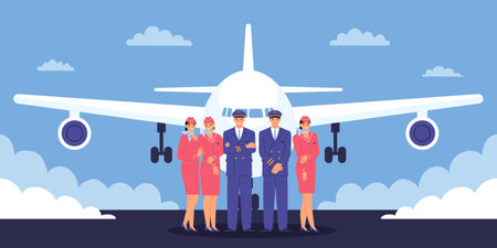 Airplane flat concept with aircraft and cabin crew in front of vector illustrationのイラスト素材