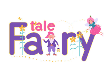 Fairy tale flat composition with text surrounded by flowers stars and funny characters on blank background vector illustrationのイラスト素材