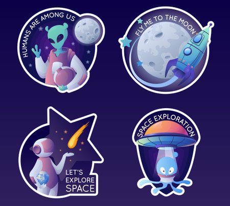 Space cartoon emblems stickers set with isolated compositions of rocket spaceman and alien images with text vector illustrationのイラスト素材