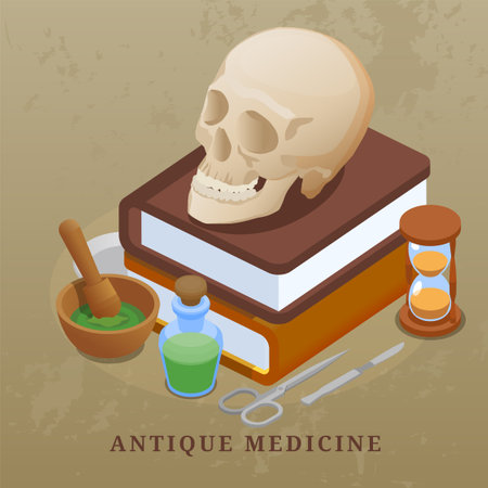 Ancient science composition with alchemy and medicine symbols isometric vector illustrationのイラスト素材