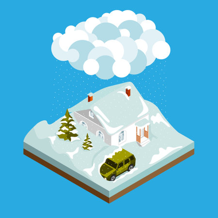 Natural disaster isometric composition with house and car buried in snow during heavy snowfall on blue background 3d vector illustrationのイラスト素材