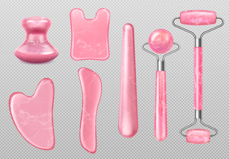 Gua sha massage tools set of realistic rose quartz stones and rollers isolated on transparent background vector illustrationのイラスト素材