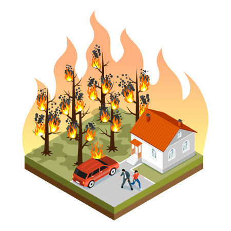 Natural disaster forest fire isometric concept with worried people running away from burning trees near their house 3d vector illustrationのイラスト素材