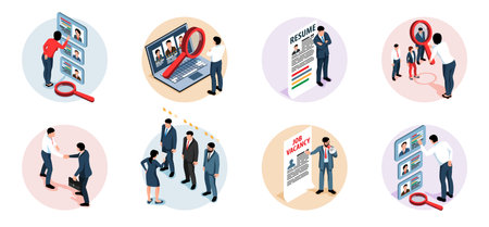 Job vacancy isometric round compositions with hr managers engaging in recruitment and making choice of applicants isolated vector illustrationのイラスト素材