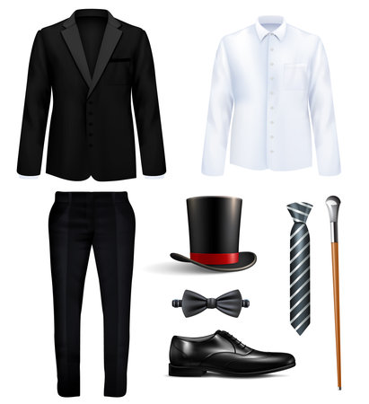 Gentleman suit and accessories realistic set with black costume white shirt hat boot ties stick isolated vector illustrationのイラスト素材
