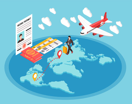 Migrant workers concept with emigration and relocation symbols isometric vector illustrationのイラスト素材