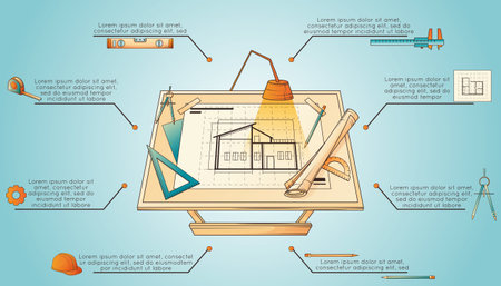 Architectural project flat horizontal infographic with architect work place instruments and tools vector illustrationのイラスト素材