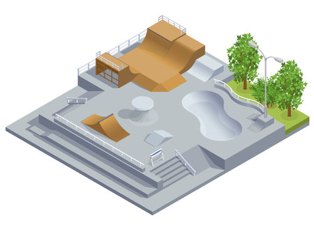 Skate park composition with infrastructure symbols isometric vector illustrationのイラスト素材