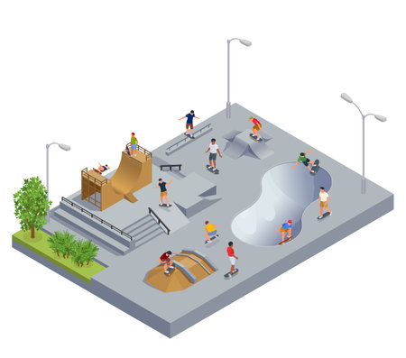 Skate park concept with sport activity symbols isometric vector illustrationのイラスト素材