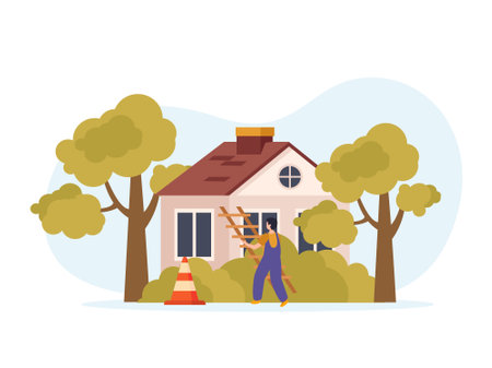 Roof flat background composition with view of house beyond trees with cone and worker carrying ladder vector illustrationのイラスト素材