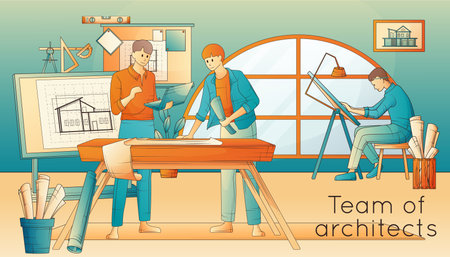 Architects working on architectural projects in office flat vector illustrationのイラスト素材