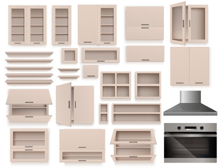 Realistic modern kitchen interior furniture elements set with cooker exhaust hood and empty cupboards and shelves isolated vector illustrationのイラスト素材