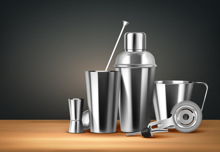Realistic stainless steel bar equipment with shaker geyser strainer spoon on wooden table and black wall background vector illustrationのイラスト素材