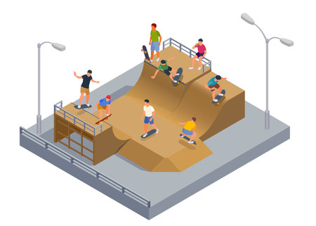 Skate park composition with extreme sport symbols isometric vector illustrationのイラスト素材