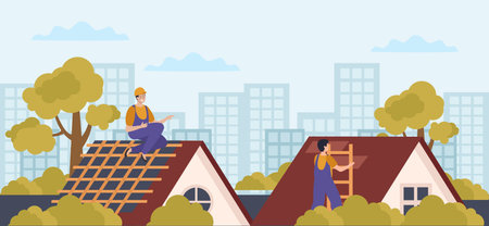 Roof flat composition with cityscape background view of building and finishing works on houses under construction vector illustrationのイラスト素材