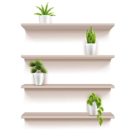 Modern furniture elements realistic set of four wooden shelves with green houseplants in pots vector illustrationのイラスト素材