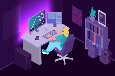 Isometric gamers composition with indoor view of living room with neon lighting and gamer at computer vector illustrationのイラスト素材