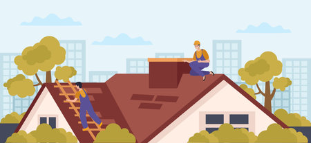 Roof flat composition with cityscape scenery and two workers climbing on house roof with ladder instruments vector illustrationのイラスト素材