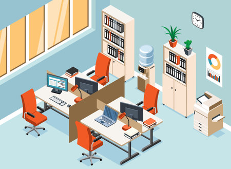 Modern office interior with four workplaces bookcases printer and water cooler isometric vector illustrationのイラスト素材