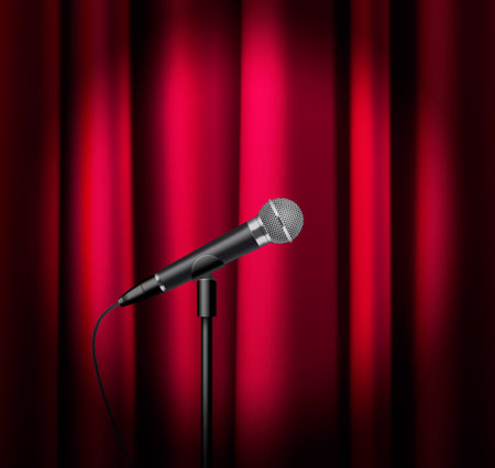 Microphone realistic poster with audio equipment on red curtain background vectro illustrationのイラスト素材