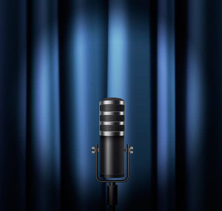 Microphone realistic poster with classic black chrome mic on blue curtain background vector illustrationのイラスト素材