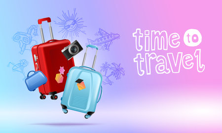 Realistic horizontal travel poster with two levitated suitcases camera and mini bag vector illustrationのイラスト素材