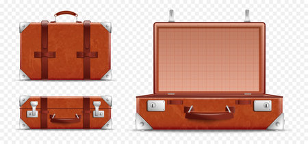 Realistic retro travel baggage transparent icon set from three angles on transparent background vector illustrationのイラスト素材
