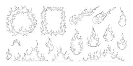 Fire frames fireballs flame elements hand drawn set isolated on white background vector illustrationのイラスト素材