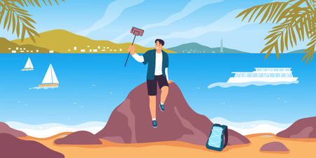 Travel blogger flat poster with man making selfie video on seashore background vector illustrationのイラスト素材