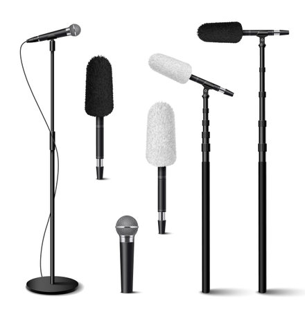 Microphones realistic icons set with classic metal audio devices isolated on white background vector illustrationのイラスト素材
