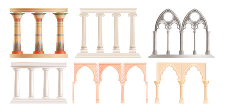 Realistic set of oriental roman greek stone columns and arches isolated on white background vector illustrationのイラスト素材