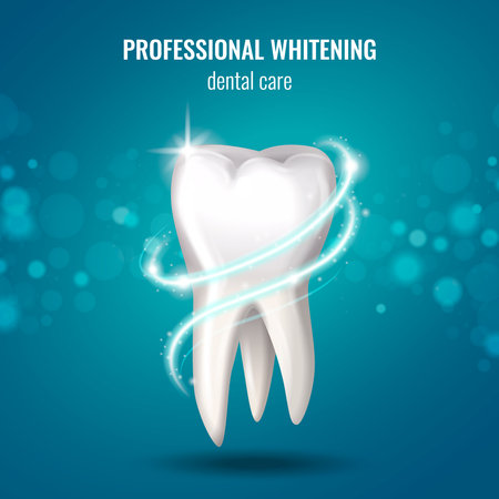 Dental care concept with white glowing human tooth realistic vector illustrationのイラスト素材