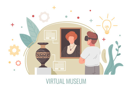 Virtual reality museum cartoon concept with man having exhibition tour in cyberspace vector illustrationのイラスト素材