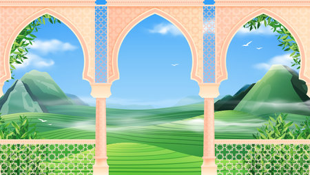 Realistic oriental arches with view of green valley hills and blue sky vector illustrationのイラスト素材