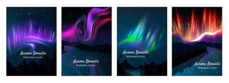 Northern lights realistic colorful posters set with purple green and orange luminescence isolated vector illustrationのイラスト素材