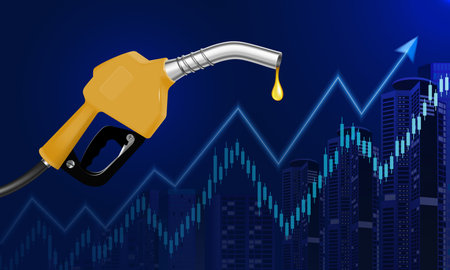 Handle pump nozzle with gold drop of fuel gas at price growth chart realistic background vector illustrationのイラスト素材