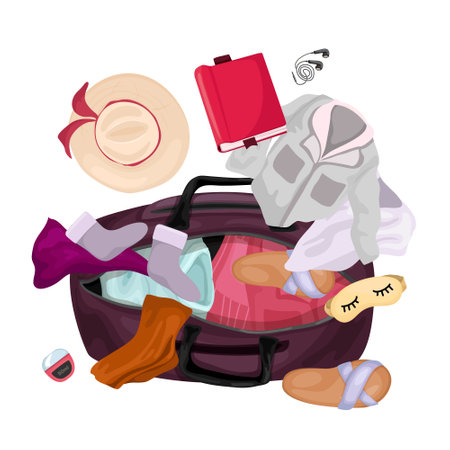 Travel baggage cartoon colored design concept with opened trip bag full of clothe items and beach accessories vector illustrationのイラスト素材