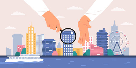 Real estate search flat concept with human hands holding magnifying glass vector illustrationのイラスト素材
