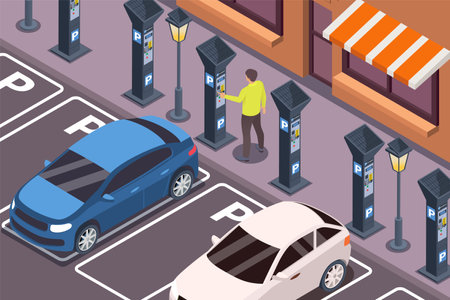 Self service isometric composition with outdoor scenery of parking lot with male driver paying with terminal vector illustrationのイラスト素材