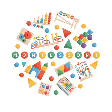 Montessory round design concept consisting of mosaic abacus and other wooden elements for retro educational children games isolated vector illustrationのイラスト素材