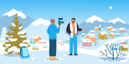 Travel blogger flat concept with camera man on winter background vector illustrationのイラスト素材