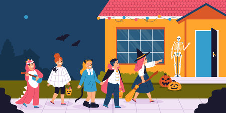 Children party flat concept with kids in halloween costumes vector illustrationのイラスト素材