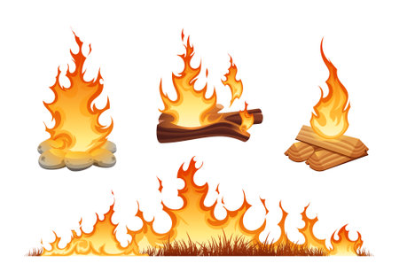 Fire flames set in flat style with burning wood grass and campfire fenced with stones isolated vector illustrationのイラスト素材