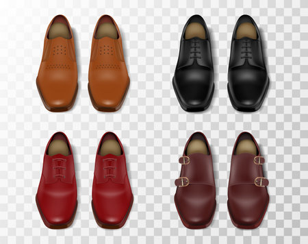 Four shiny leather male shoes realistic set of different colors and models isolated at transparent background vector illustrationのイラスト素材