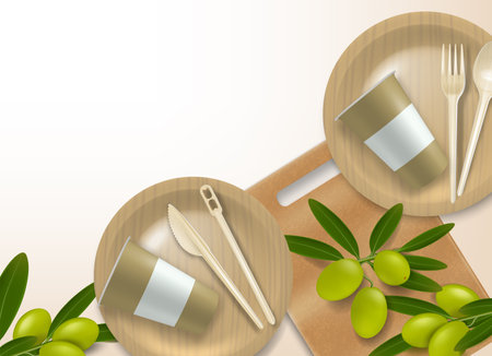 Realistic background with disposable tableware painted like wooden decorated by sprigs of olives vector illustrationのイラスト素材