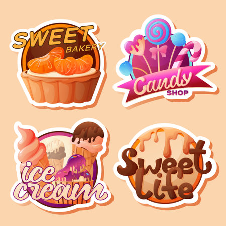 Cartoon set of emblems for candy shop with sweet bakery ice cream lollipops and biscuits isolated vector illustrationのイラスト素材