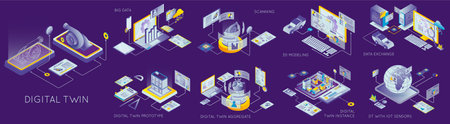 Digital twin types process of scanning and data exchange isometric set isolated on color background 3d vector illustrationのイラスト素材